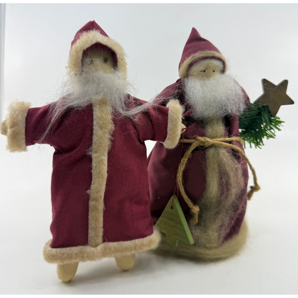 Vintage Rustic Santa Claus Figurines Set of 2 Burgundy Primitive Folk Art Decor